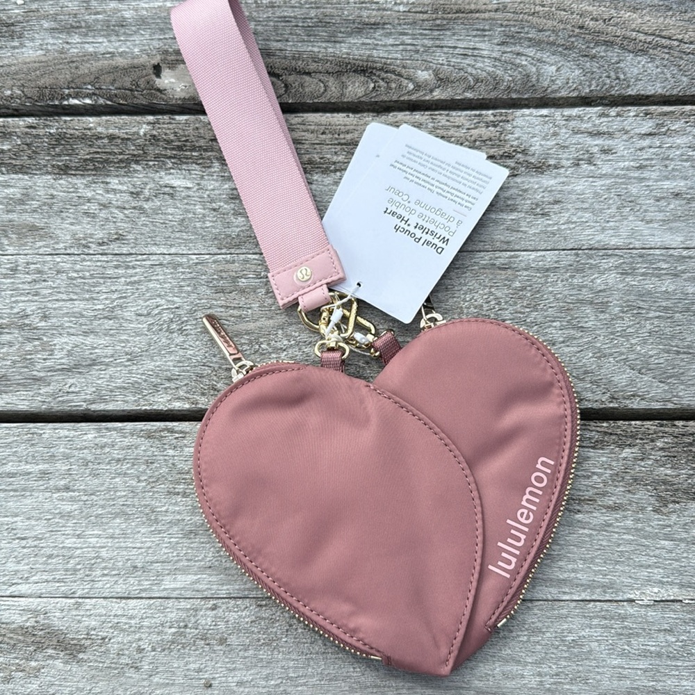 LULULEMON Dual Pouch Wristlet Heart NWT Spiced Chai / Pink Haze / Gold - Picture 3 of 4
